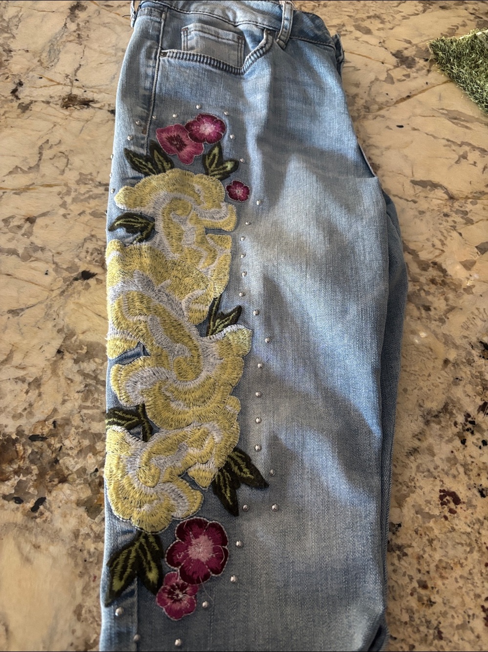 William Rast Light Wash Skinny Jeans with Yellow & Pink Floral Appliqué
